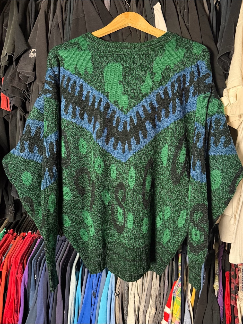 City Streets Abstract Knit Sweater Mens XL Green Blue Vintage 90s Streetwear